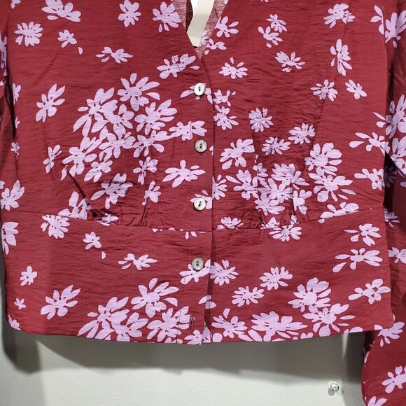 NWT Madewell Button Front V-Neck Cropped Long-Sleeved Cabernet Floral Top Sz XS - Picture 3 of 13